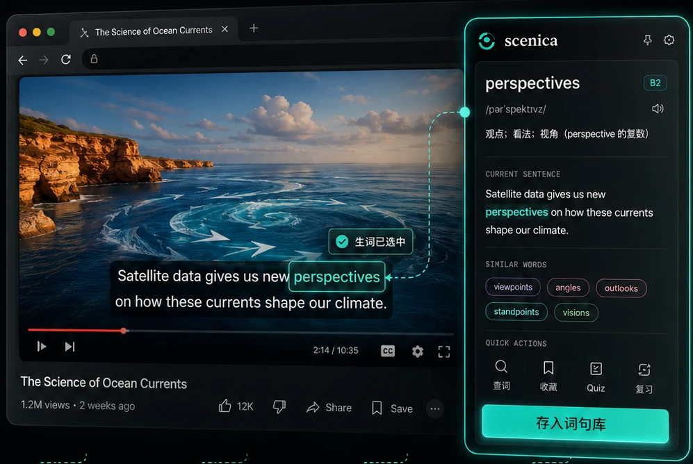 Scenica 浏览器插件：在英文视频中查询 perspectives，并收藏到词句库